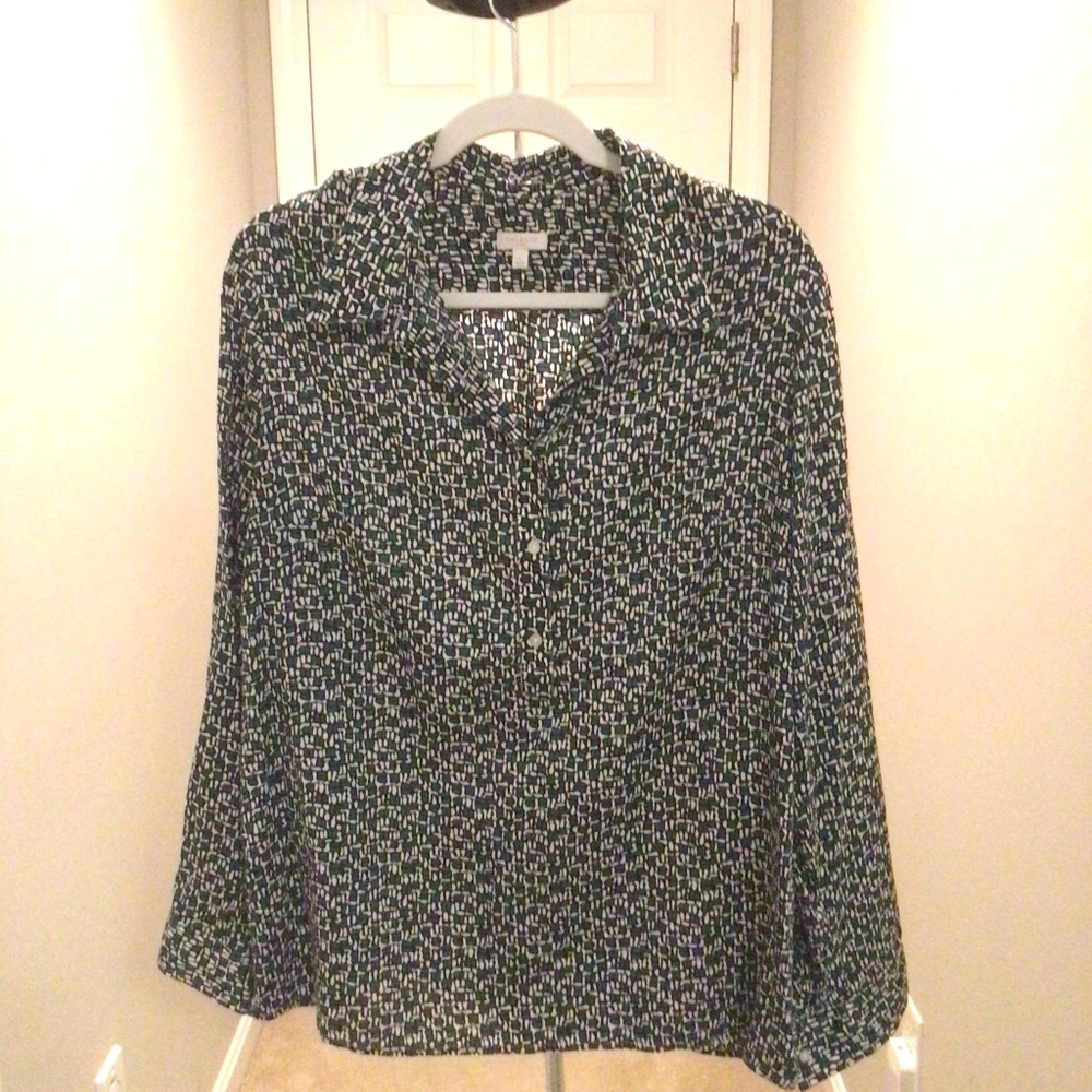 Talbots (L) printed white, green and black blouse